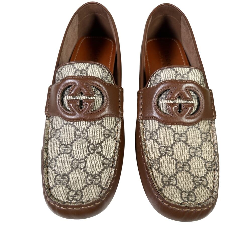 NIB Gucci GG Supreme Canvas & Leather Driver Loafers Brown Size UK9.5 US10